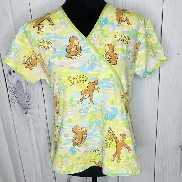 Curious George Women's Size S Short Sleeve Scrub Top 2 Pockets V-Neck - Picture 1 of 9